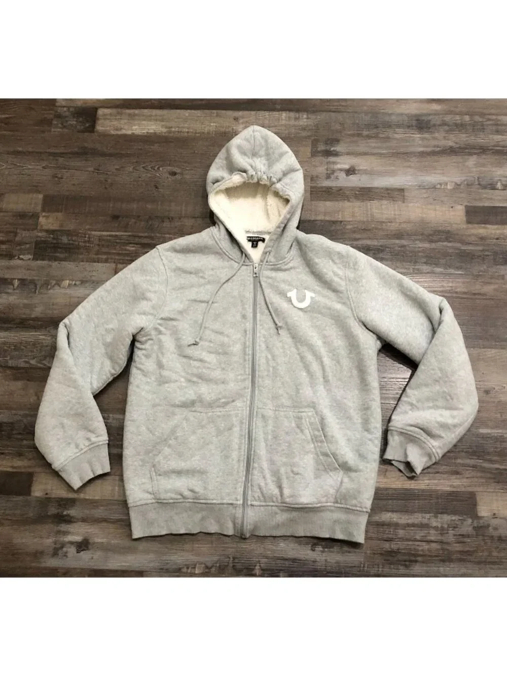 True Religion Mens Medium Gray Sherpa Puff Print Logo Zip Hoodie Full Zip